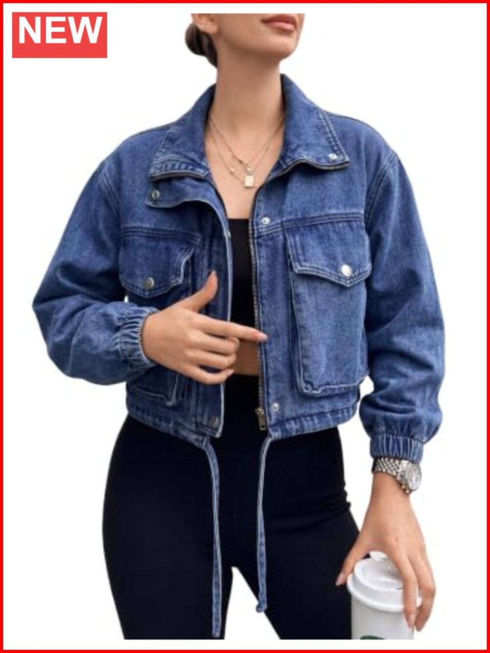 Women's Cropped Denim Jacket Zip Front Lightweight Casual Jean Trucker Coat